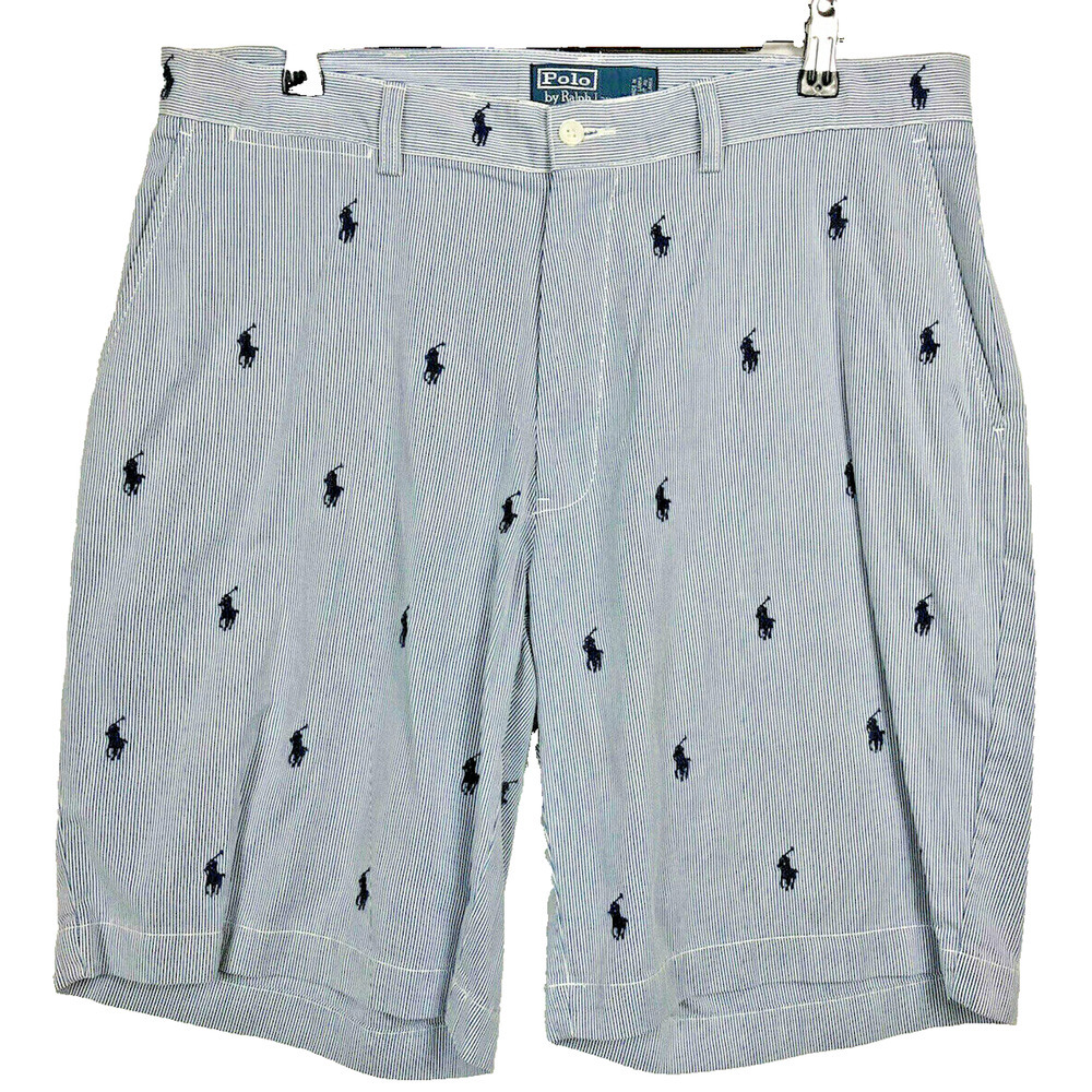 Ralph Lauren Prospect Shorts Size 35 Mens All Over Pony Logo Blue White Stripe
